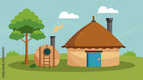 A traditional thatchedroof cottage with a small biogas digester outside showcasing the harmony between modern technology and rural lifestyle.. Vector illustration