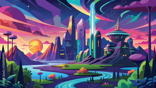 Vibrant Futuristic Cityscape at Sunset with Colorful Buildings and Rivers