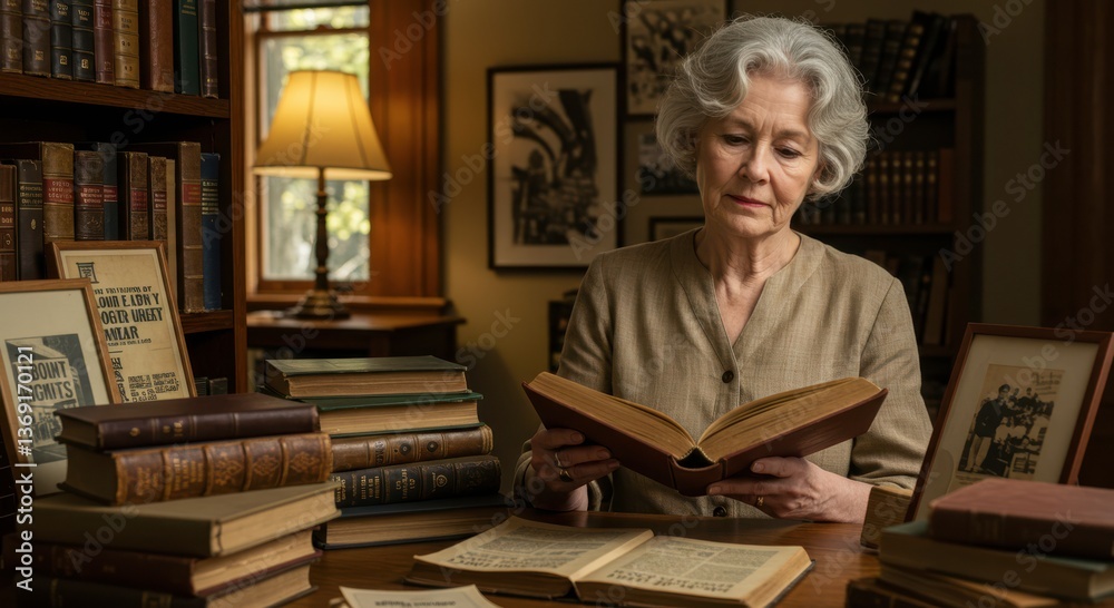 Elderly Woman Reading a Book in a Library Elderly Woman Reading a Book in a Library