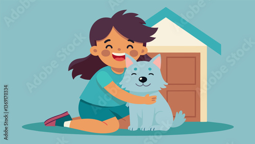 A little girl hugging her new furry friend both beaming with joy as they bond for the first time in their new home.. Vector illustration