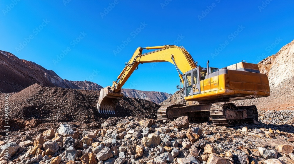 Obraz premium A massive yellow excavator digging into rocky terrain under a clear blue sky.