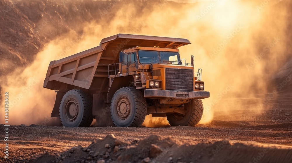 A mining truck loaded with minerals driving through a dusty quarry. A mining truck loaded with minerals driving through a dusty quarry.