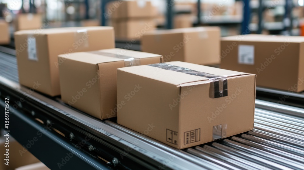 A modern logistics warehouse conveyor system sorting packages automatically. A modern logistics warehouse conveyor system sorting packages automatically.