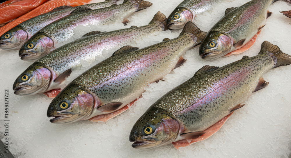 Freshly caught river trout laid on crushed ice at a food market, showcasing its quality and freshness