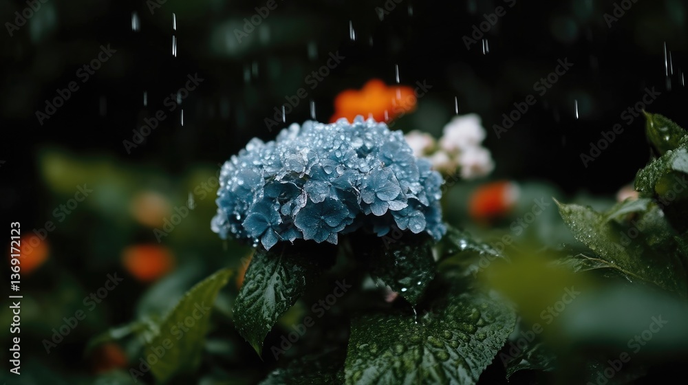 Obraz premium Hydrangea in the rain. A vibrant blue hydrangea flower is showered with rain, while other colorful flowers are visible in the background. Dark foliage surrounds the flower