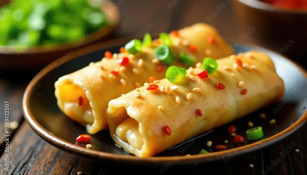 Crispy spring rolls, sesame seeds, scallions, chili flakes, oriental, asian cuisine
