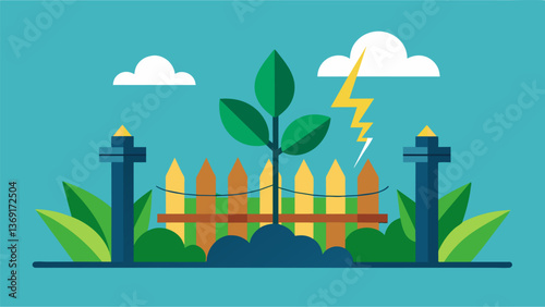 A powerful electric fence surrounding the plant as an additional layer of protection.. Vector illustration