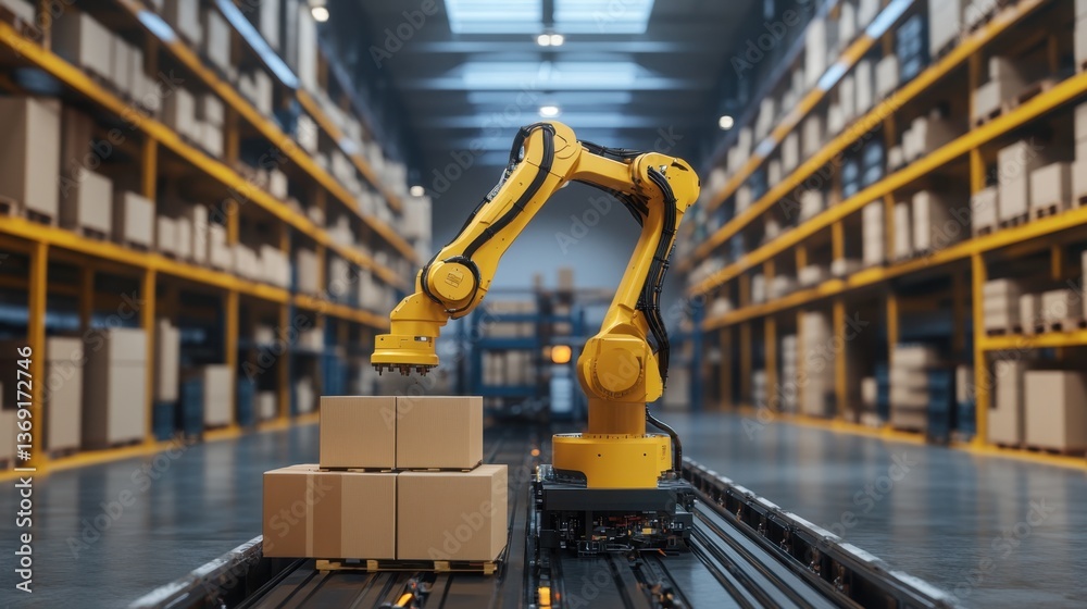 A robotic arm stacking boxes on an automated warehouse conveyor system. A robotic arm stacking boxes on an automated warehouse conveyor system.