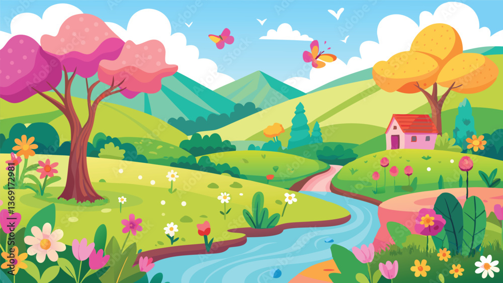 Fototapeta premium Idyllic Spring Landscape Serene River Blooming Flowers and Charming House