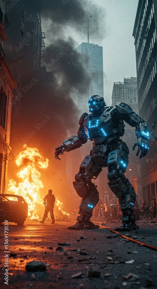 Fototapeta premium Mech in the City: A Post-Apocalyptic Scene