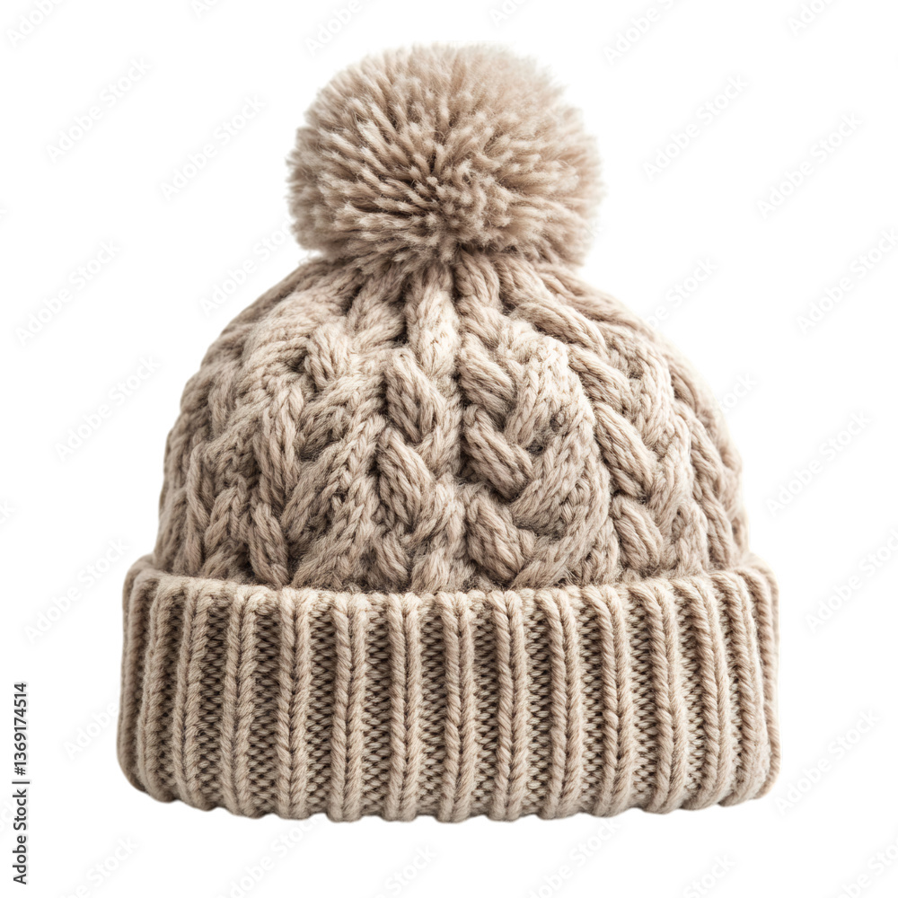 Stylish Woolen Hat with Pom Pom in Light Beige Isolated on Transparent Background Stylish Woolen Hat with Pom Pom in Light Beige Isolated on Transparent Background