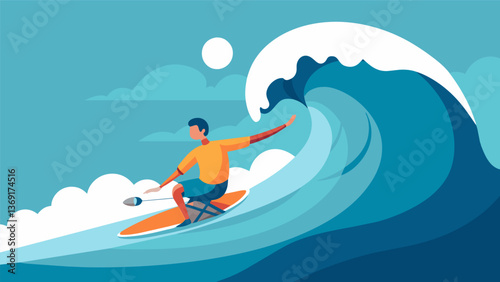 A paraplegic surfer catching a massive wave defying the notion that certain sports are offlimits for individuals with disabilities.. Vector illustration