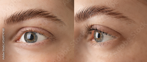 Photos Woman showing her eyelashes before and after lamination procedure, closeup