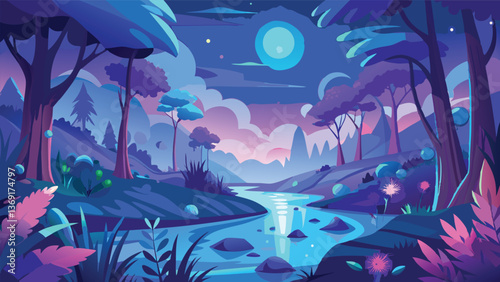 Serene Nighttime River Scene Magical Forest Landscape with Glowing Stream and Purple Trees