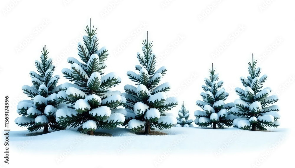 Fototapeta premium Isolated branches of evergreen trees with snow and frost on a white background, frost, snow covered