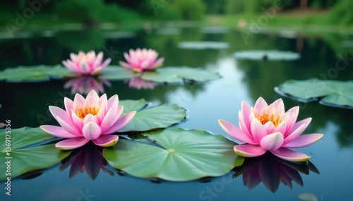 Pastel water lilies forming a pattern on a still lake , lake, white