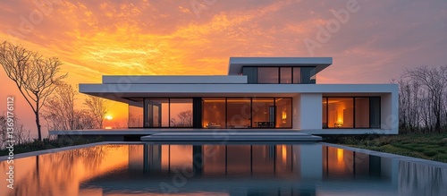Modern House Sunset Pool Reflection photo