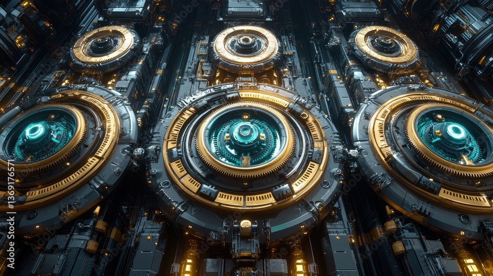 Fototapeta premium Futuristic metallic panels, glowing teal circles, detailed background, sci-fi concept art