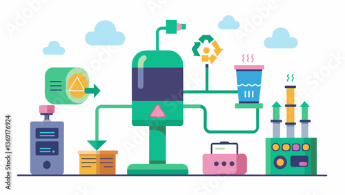 An interactive demonstration of a machine that turns plastic waste into durable building materials reducing the need for landfill space.. Vector illustration