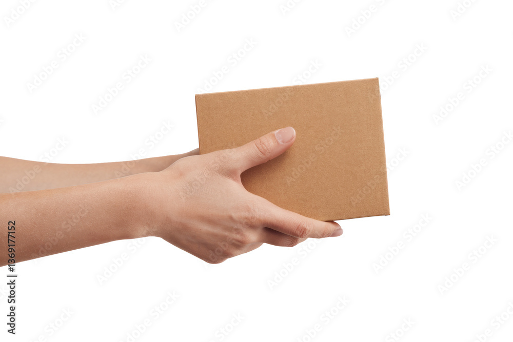 hands holding brown cardboard box isolated on white background hands holding brown cardboard box isolated on white background