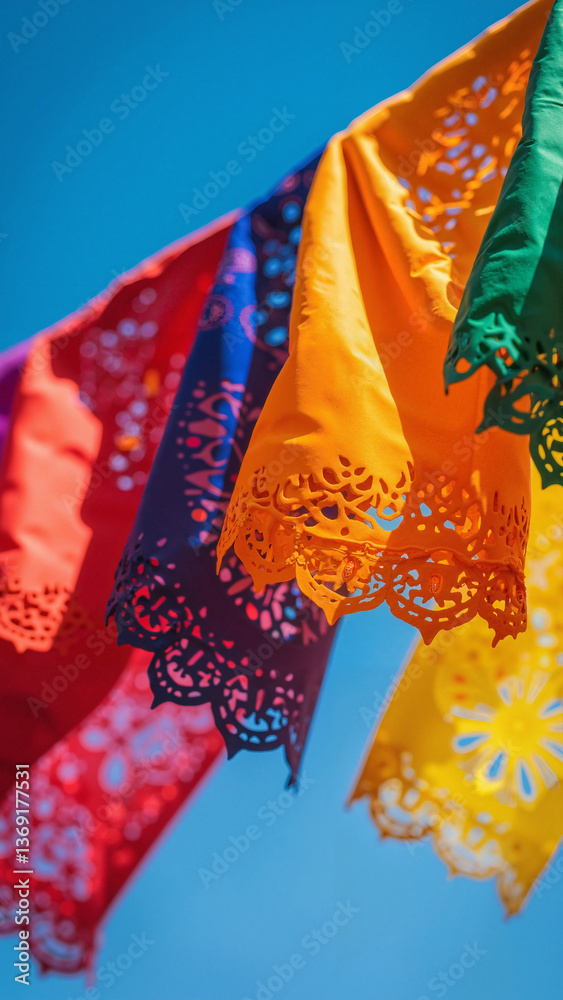 Colorful Mexican papel picado flags with traditional patterns isolated on transparent background, ideal for cultural events, marketing, and educational materials    keywords:   Mexican, papel picado, 