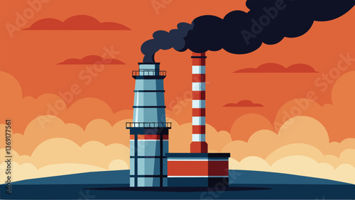 A towering cylindrical structure with black smoke billowing out of its tall chimney symbolic of the industrial power of steam boilers.. Vector illustration