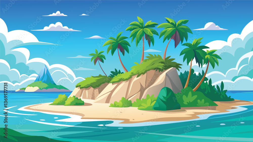 Obraz premium Serene Tropical Island Paradise Sandy Beach Palm Trees and Ocean View