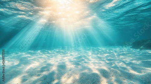 Underwater scene with sun rays penetrating turquoise water to sandy seabed.