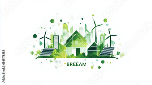 Eco Friendly Cityscape Sustainable Homes Wind Turbines Solar Panels Green Energy Illustration