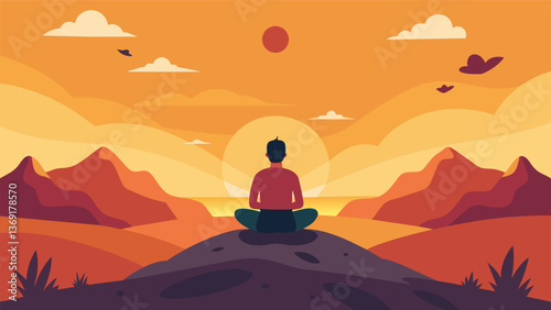 A lone figure sitting atop a hill eyes closed in deep meditation as the warm rays of the sunset bathe the surrounding landscape.. Vector illustration