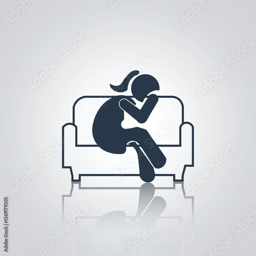 Pictograms of a girl sitting of sofa tense, with a silver background