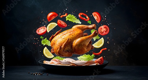 Roasted Whole Chicken with Floating Vegetables, Creative Food Art: Chicken Surrounded by Fresh Ingredients, Delicious Roast Chicken with Vibrant Vegetables