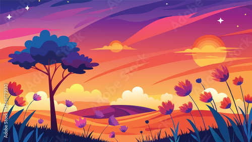 Vibrant Sunset Landscape with Flowers and Tree Silhouette A picturesque scene of a tranquil evening