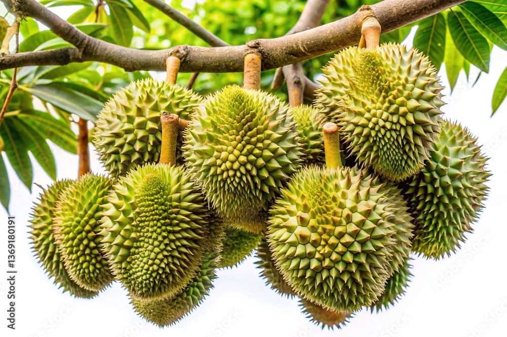 A Bunch of Durians Hanging on a Tree Branch in a Lush Green Orchard A Bunch of Durians Hanging on a Tree Branch in a Lush Green Orchard