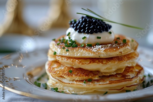 Russian Blini stack topped with crme frache quenelle and caviar pearls, chive garnish