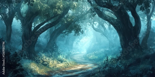 Wallpaper Mural A misty forest path illuminated by soft light, creating a serene and enchanting atmosphere. Torontodigital.ca