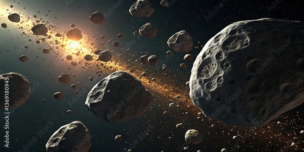 Naklejka premium Asteroid Belt with Rocky Textured Surface – Deep Space Sci-Fi Background