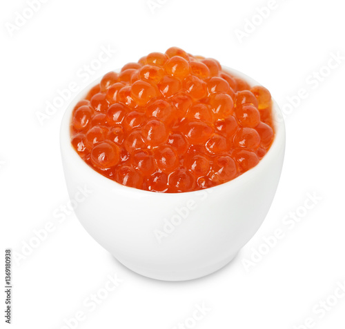 Delicious red caviar in bowl isolated on white