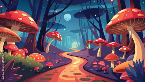 Enchanting Night Forest Path with Luminous Mushrooms Illustration