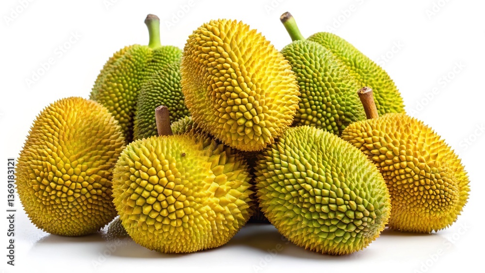 A Collection of Ripe and Unripe Artocarpus Odoratissimus Fruits on White Background A Collection of Ripe and Unripe Artocarpus Odoratissimus Fruits on White Background