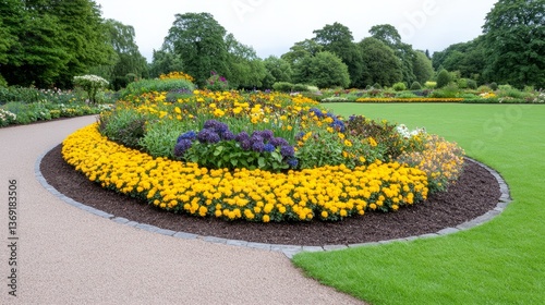 A beautiful vibrant circular flower bed sits in a park