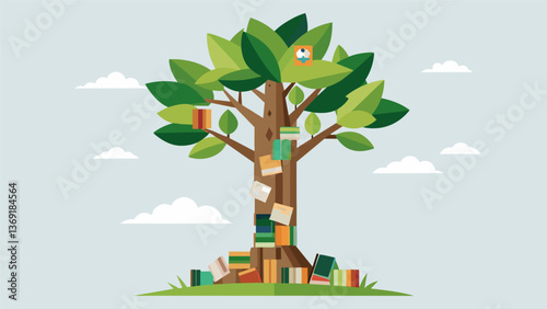 A towering tree made of recycled paper cardboard and plastic with leaves crafted from old CDs.. Vector illustration