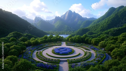 A Beautiful Landscape Featuring Mountains Gardens And a Lake