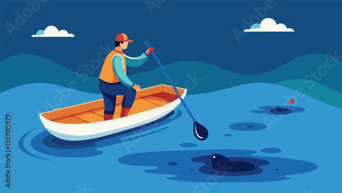 A technician floating on a small boat in the middle of a vast oil slick carefully drawing samples from the surface with a long syringe.. Vector illustration