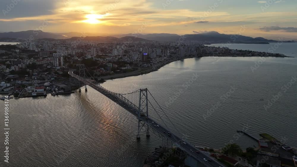 sunset from the hercilio luz bridge in florianopolis brazil