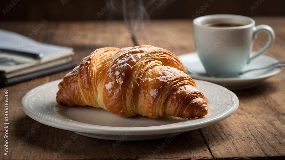 Delightful Croissant with Powdered Sugar and a Cup of Coffee Delightful Croissant with Powdered Sugar and a Cup of Coffee