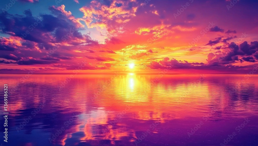 Fototapeta premium Vibrant sunset over calm ocean reflecting fiery clouds