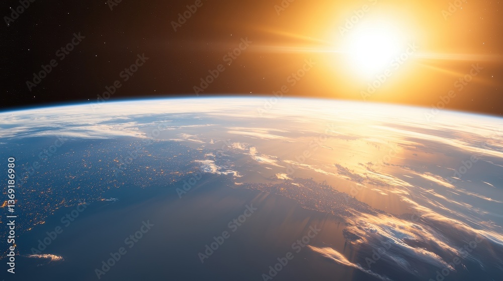 Stunning Aerial View of Earth with a Bright Sunrise in the Background Stunning Aerial View of Earth with a Bright Sunrise in the Background