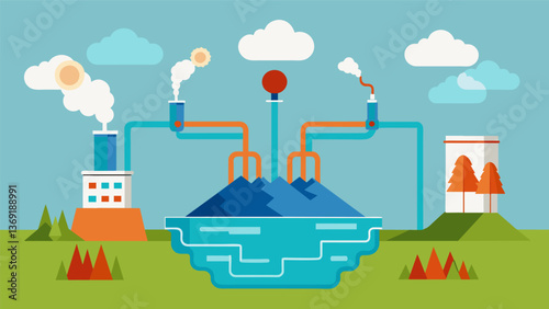A network of geothermal wells channeling hot water and steam to a central power plant.. Vector illustration