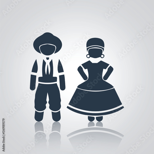 Flat illustration of a Brazilian traditional dress pictograms icons, with a silver abstract background